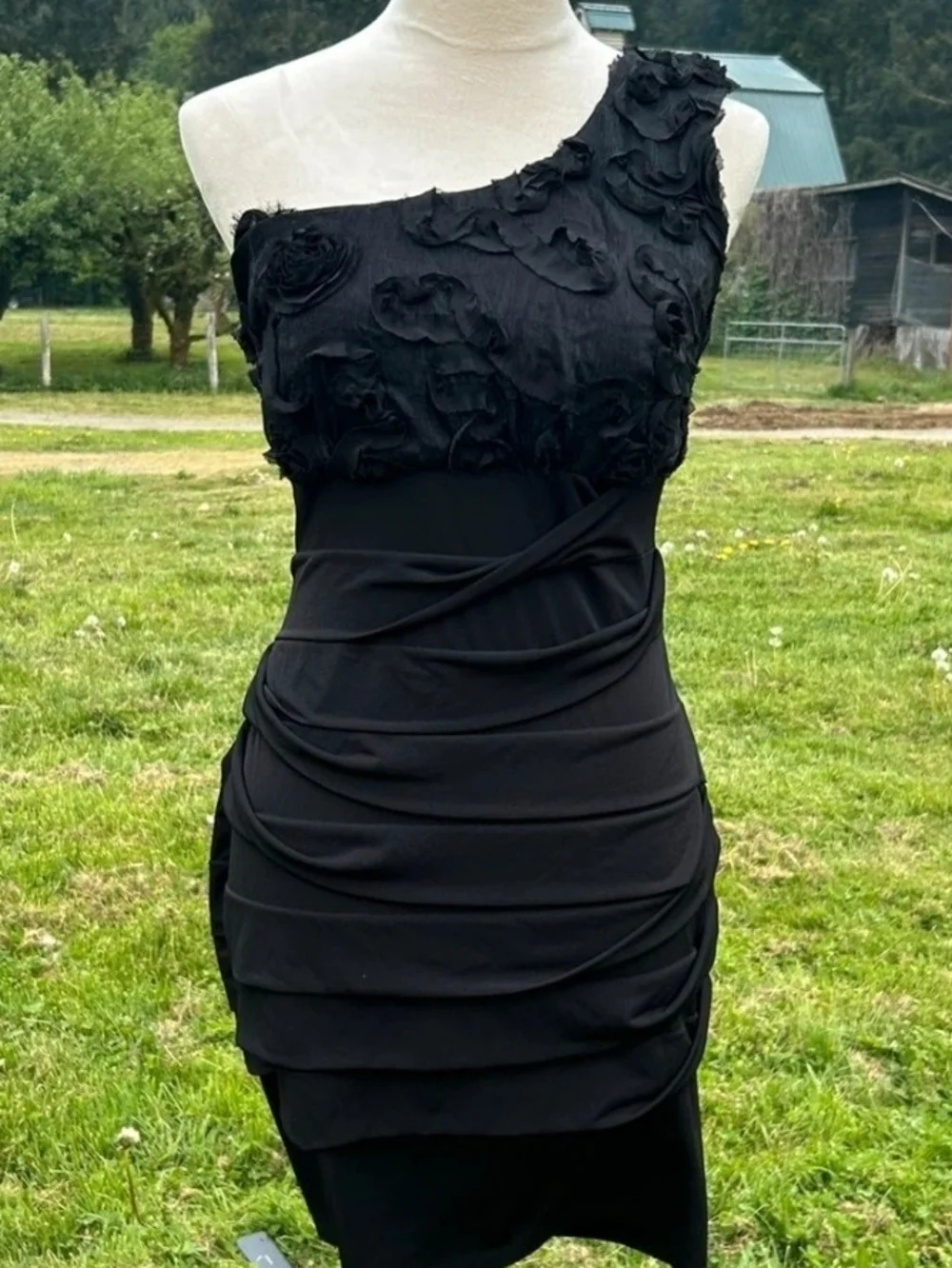Valerie Bertinelli Black One-Shoulder Floral Appliqué Bodycon Dress | Size 14 - Picture 6 of 7